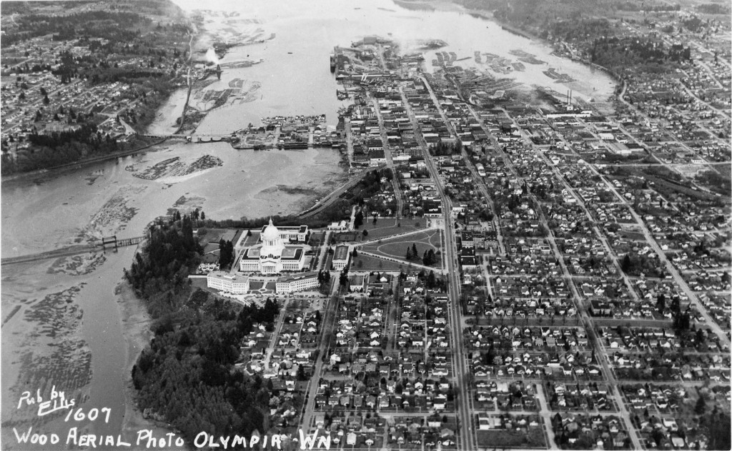 An aerial view of Olympia taken sometime between 1928 and 1940, before the dam was built. (Photo courtesy of WA State Archives)