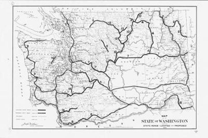 Digital Archives map from 1909 shows Washington highways and proposed highways.