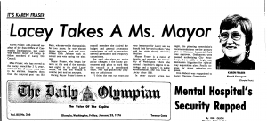 Fraser’s selection as Lacey’s first female mayor rated a banner headline in The Morning Olympian on Jan. 23, 1976. Washington State Library 