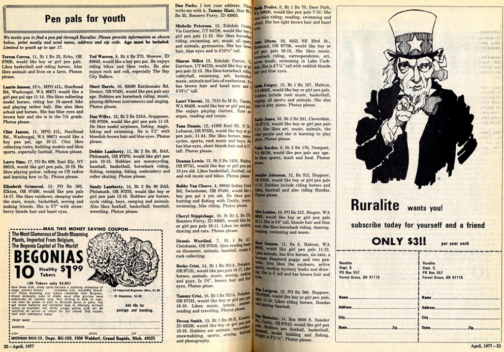 Spread from Kittitas Ruralite magazine, April 1977. Section titled "Pen pals for youth".