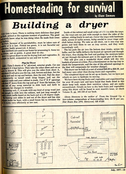 Page from Kittitas Ruralite magazine, July 1977. Section titled "Homesteading for survival" and features instructions for building a dryer.
