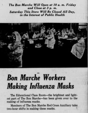 Capture of a newspaper article with image of workers from Bon Marche making masks during the Spanish Influenza