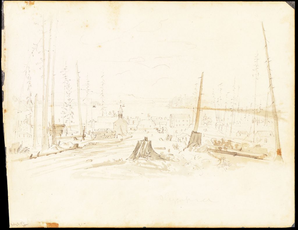 Faded drawing from 1857 of Olympia, Washington