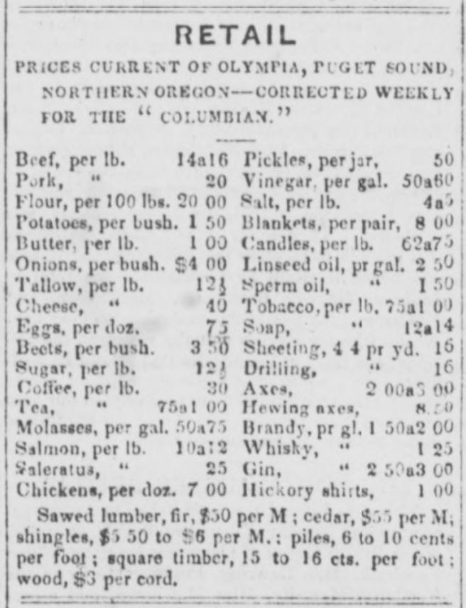 Expert from the Columbian in 1852 showing retail prices.