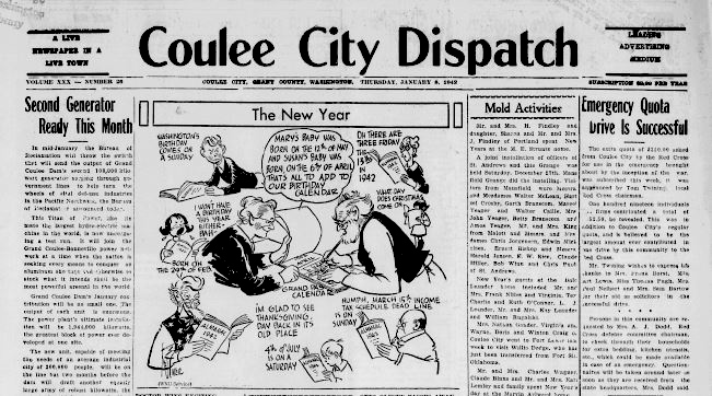 Newspaper headline. The New Year. Coulee City dispatch. (Coulee City, WA), Jan. 8,1942. Chronicling America: Historic American Newspapers. Library of Congress.