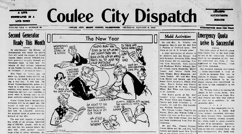 Blog header image of a newspaper headline, The New Year. Coulee City dispatch. (Coulee City, WA), Jan. 8, 1942.