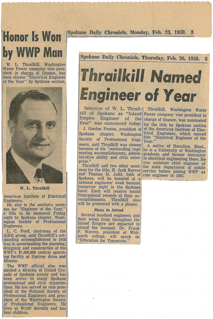 Spokane Daily Chronicle clippings of engineering awards for William Lubrecht “Lou” Thrailkill, Feb. 1959.