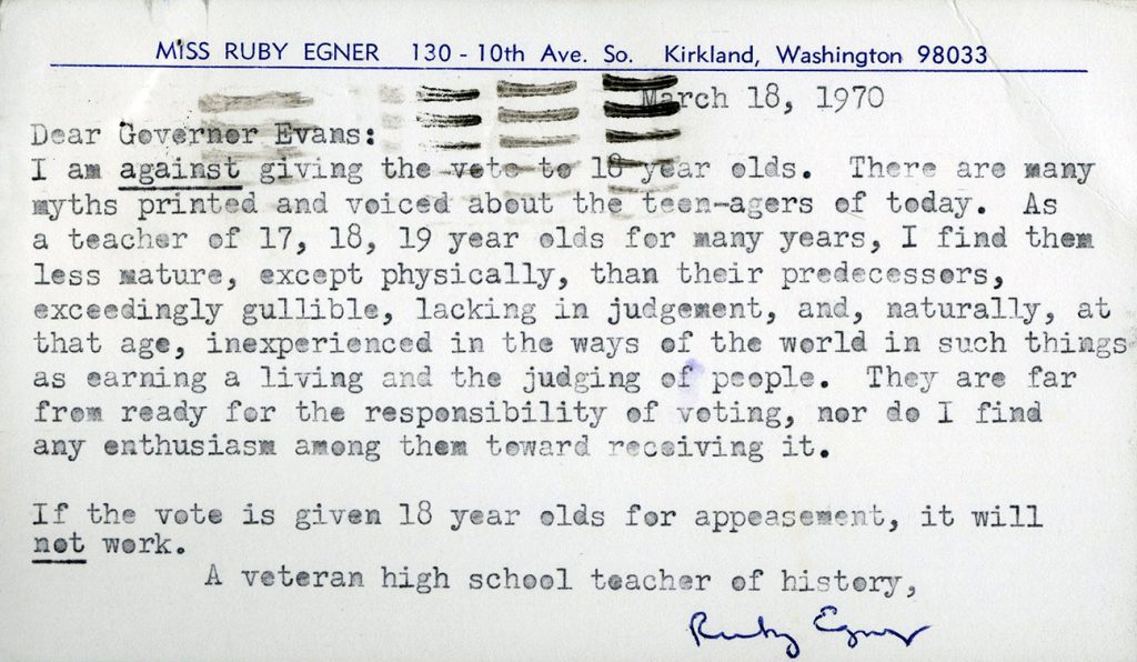 A high-school teacher expresses her opposition to Washington state’s “Vote-19” proposal in this letter to Gov. Dan Evans, March 18, 1970. Source: Governor Evans Papers, Washington State Archives.
