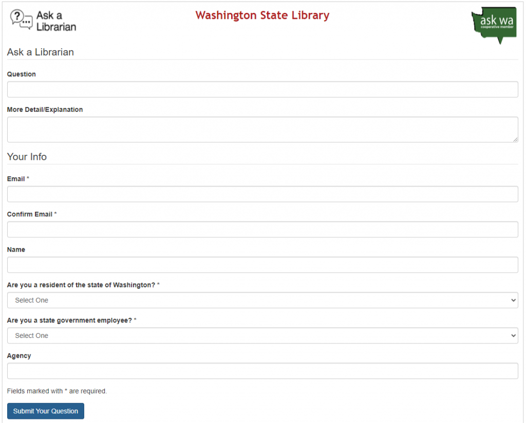 Screen image of the Ask a Library website user portal.