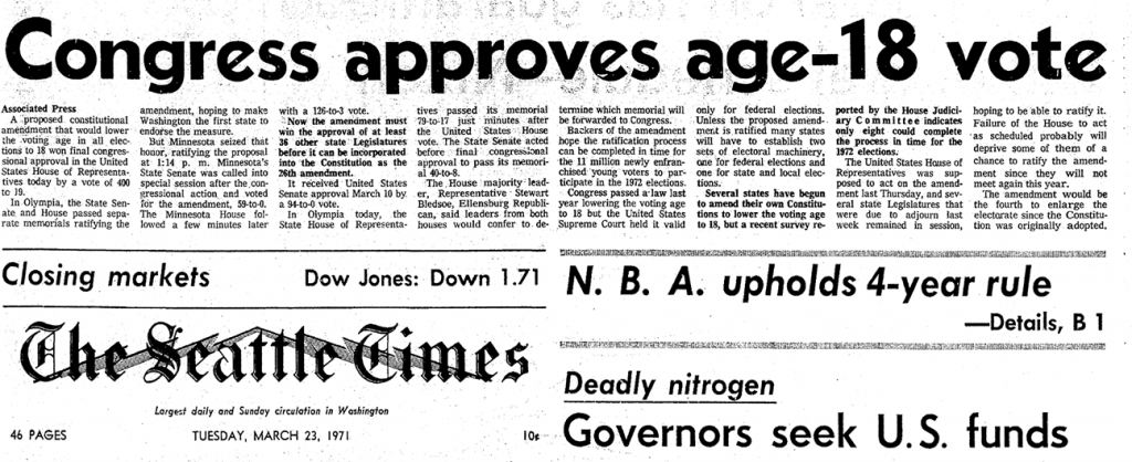 News story announcing passage of the 26th Amendment. Seattle Times, March 23, 1971.