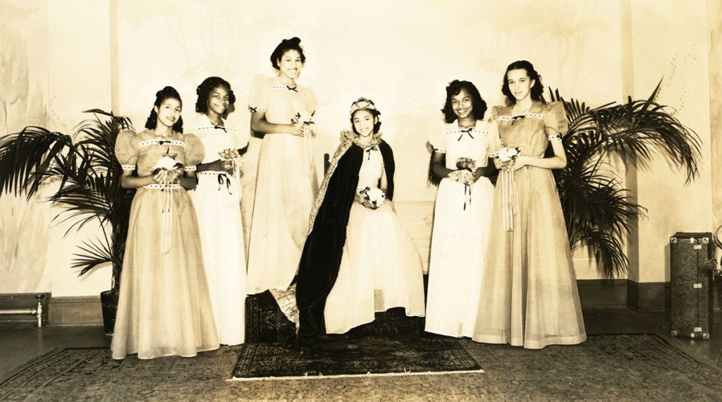 The 1952 Culture Club Mardi Gras Scholarship Benefit Dance queen and princesses (Source: Multnomah County Library).
