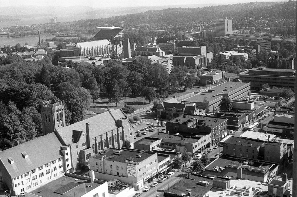 Aerial view of University District looking SE, ca. 1984 (Source: The Seattle Public Library).