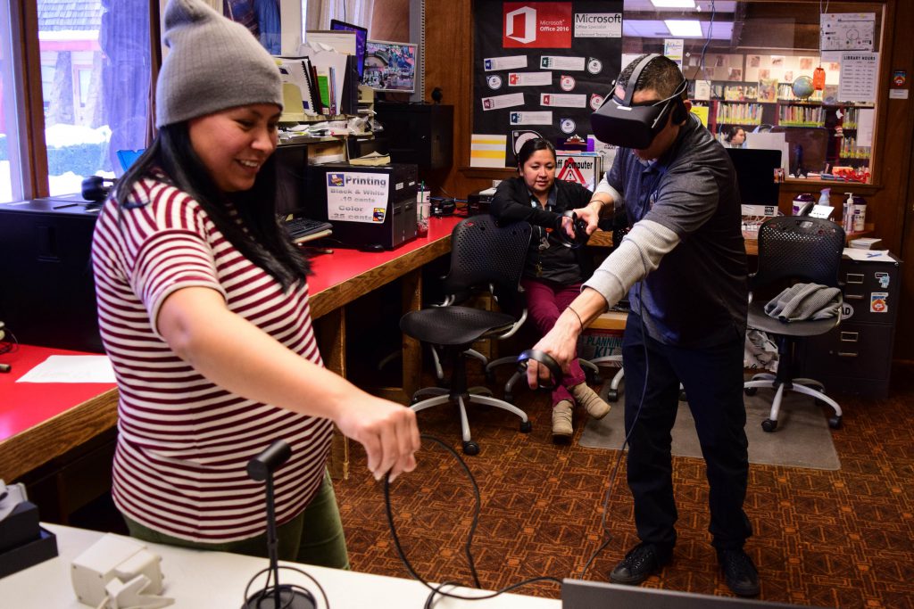 Yakama Nation Library staff participate in a virtual reality project sponsored by Washington State Library. (Photo: Yakama Nation Library)