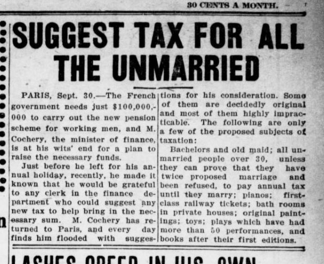 Suggest Tax for All the Unmarried. Tacoma Times, September 30, 1910, Second Section, Page 9