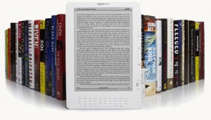 Stacks of books behind an eReader, signifying the number of titles available on the device