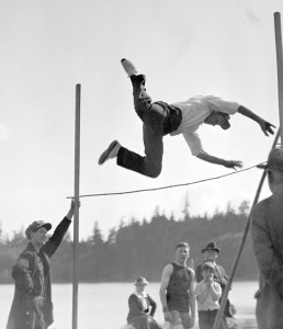 Harry Sutherland, pole vaulting at Eastsound, WA, May, 1915. From the Orcas Island Historical Museum, James T. Geoghegan Collection.