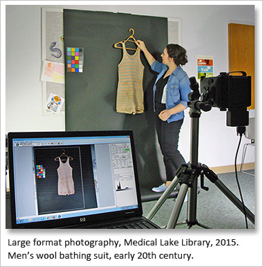 Large format photography, Medical Lake Library, 2015. Scanning a men's wool bathing suit.