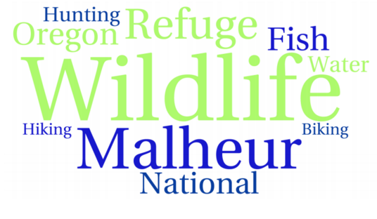 Word Cloud describing key words for Malheur National Wildlife Refuge in Oregon.