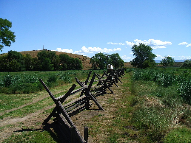 Photograph showing the Whitman Mission historic site with the Oregon Trail and Mission Monument