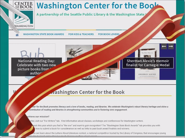 Scissors cutting a ribbon over the webpage for the Washington Center for the Book