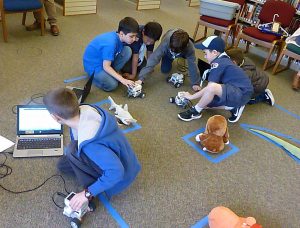 five boys playing with Lego robots on the floor.